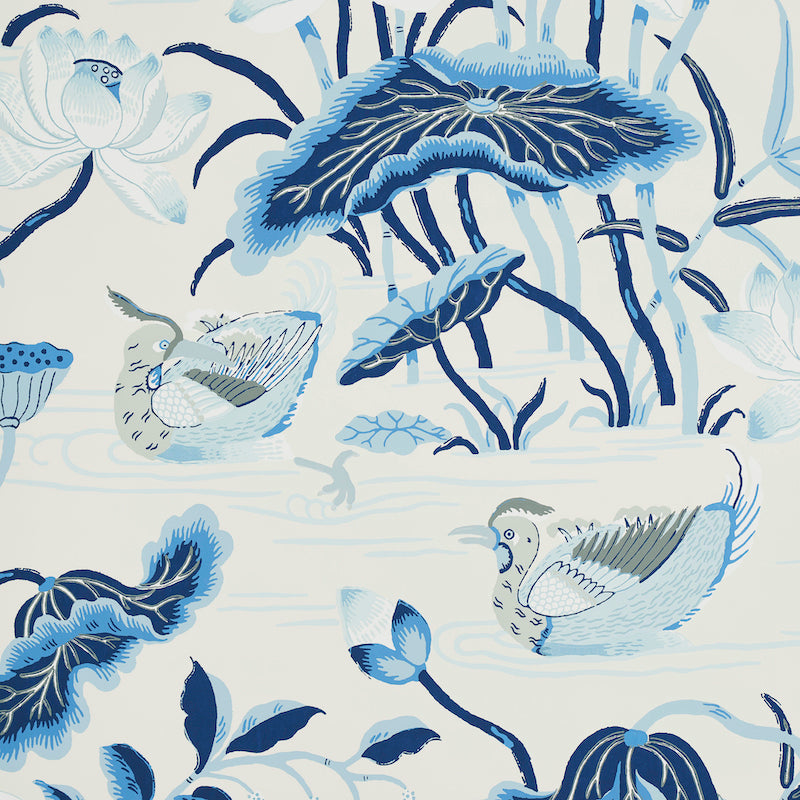 Lotus Garden Porcelain by Schumacher Japanese Motif Scenic Wallpaper – Schumacher 5008435