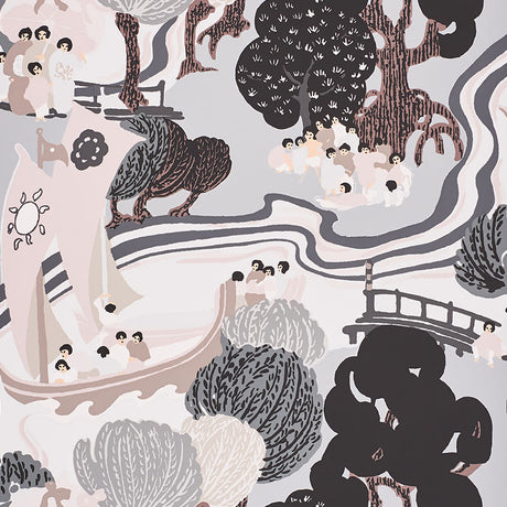 Pearl River Opal by Schumacher - Scenic hand-screened wallpaper with whimsical river and landscape design.
