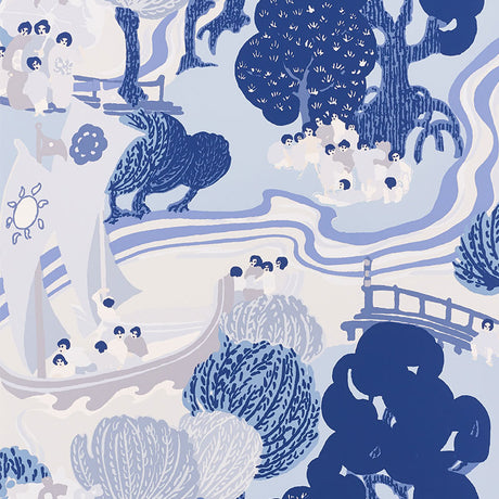 Pearl River wallpaper in blue and white, featuring a whimsical scenic pattern with people, boats, trees, and a river, by Schumacher.