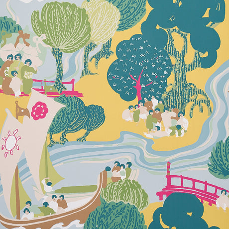 Pearl River wallpaper by Schumacher in yellow, featuring a hand-screened scenic design with boats, trees, and figures in a stylized landscape.