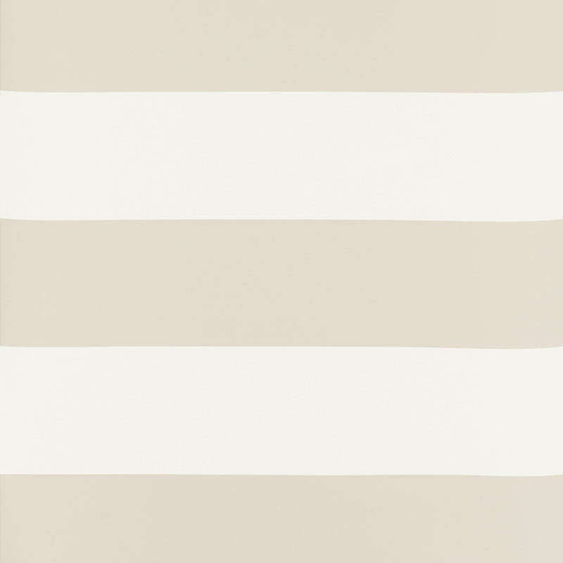 Baxter Stripe Dove wallpaper by Schumacher shown as a wide horizontal stripe in a neutral bathroom setting.