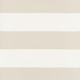 Baxter Stripe Dove wallpaper by Schumacher shown as a wide horizontal stripe in a neutral bathroom setting.
