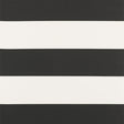 Baxter Stripe wallpaper in Carbon by Schumacher, bold horizontal black and white stripes, shown in a modern bathroom setting.