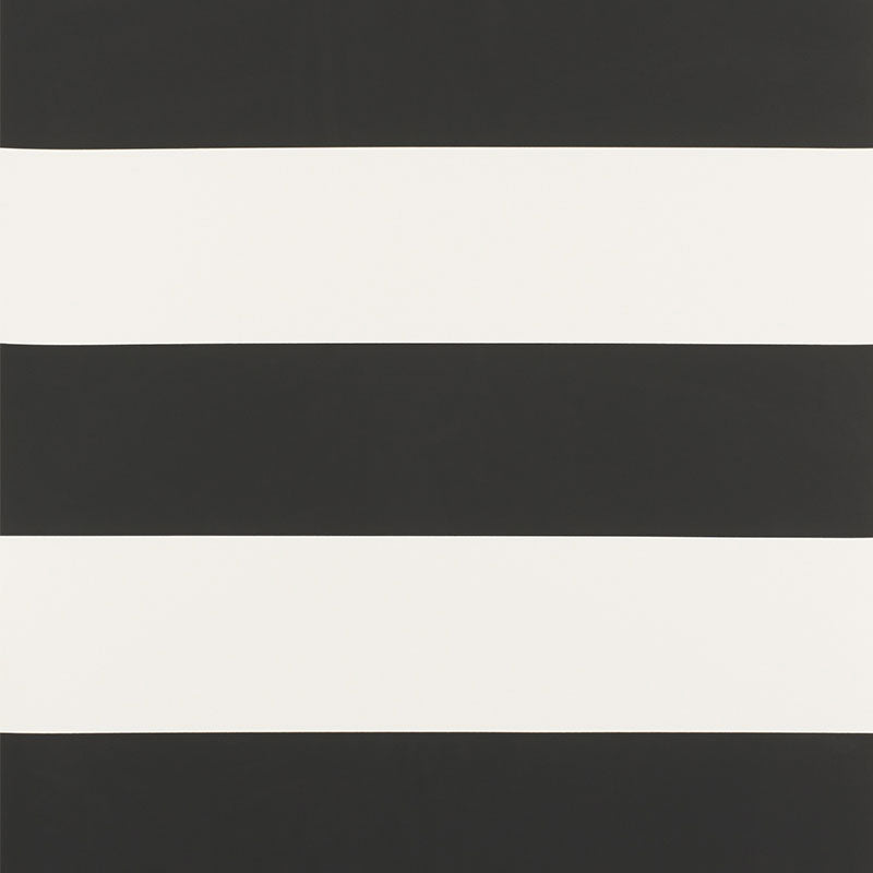 Baxter Stripe wallpaper in Carbon by Schumacher, bold horizontal black and white stripes, shown in a modern bathroom setting.