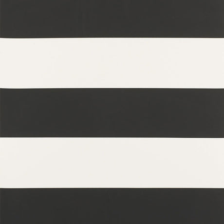 Baxter Stripe wallpaper in Carbon by Schumacher, bold horizontal black and white stripes, shown in a modern bathroom setting.