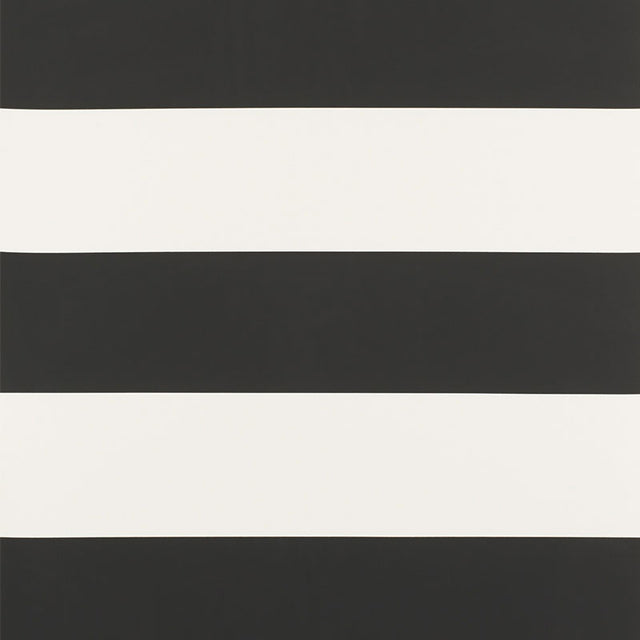 Baxter Stripe wallpaper in Carbon by Schumacher, bold horizontal black and white stripes, shown in a modern bathroom setting.