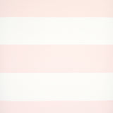 Baxter Stripe wallpaper in blush pink and white horizontal stripes by Schumacher, shown in styled and detail views.