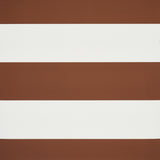 Baxter Stripe brown and white wide horizontal stripe wallpaper by Schumacher, shown in styled and detail views.