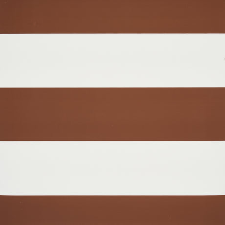 Baxter Stripe brown and white wide horizontal stripe wallpaper by Schumacher, shown in styled and detail views.