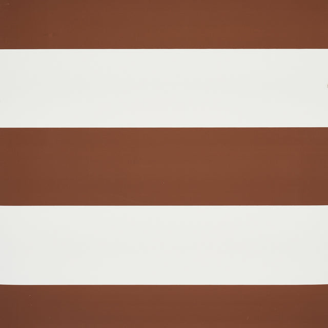 Baxter Stripe brown and white wide horizontal stripe wallpaper by Schumacher, shown in styled and detail views.