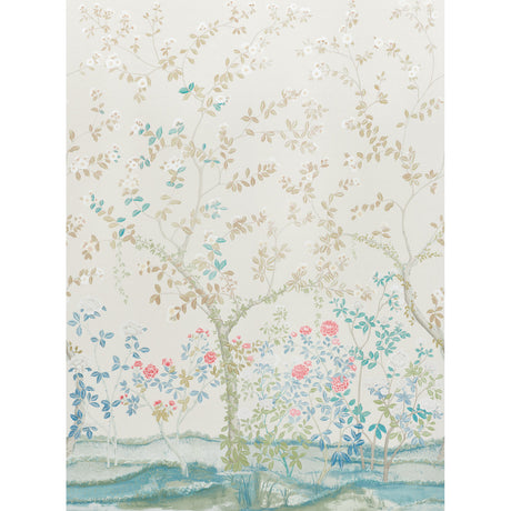 Madame de Pompadour Panel Set wallpaper in Alabaster by Schumacher, featuring a Chinoiserie-inspired English garden floral design.
