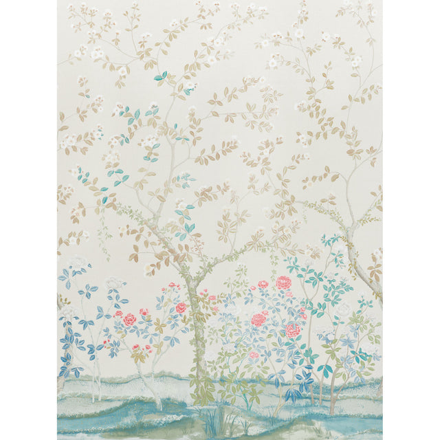 Madame de Pompadour Panel Set wallpaper in Alabaster by Schumacher, featuring a Chinoiserie-inspired English garden floral design.