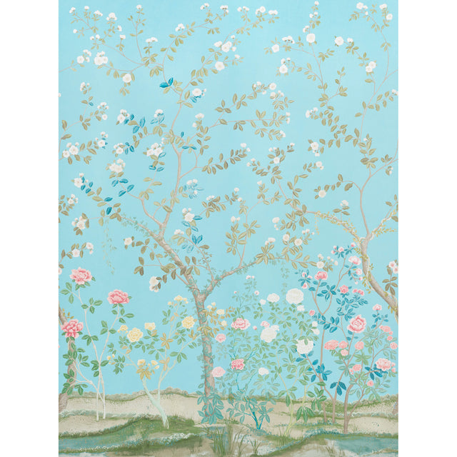 Madame de Pompadour Panel Set wallpaper in aqua, featuring a Chinoiserie-inspired floral garden design by Miles Redd for Schumacher.