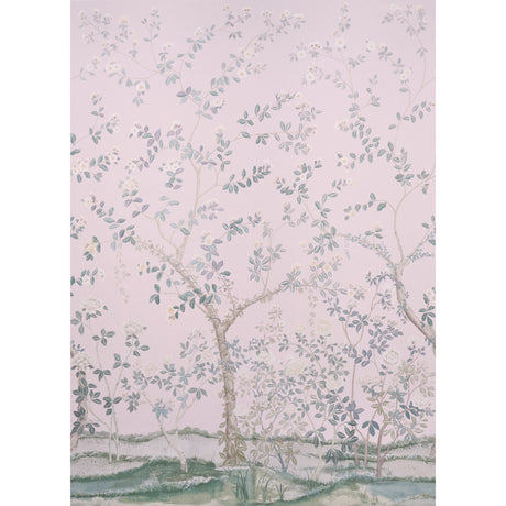 Madame de Pompadour Panel Set wallpaper in blush by Miles Redd for Schumacher, featuring a large-scale floral chinoiserie design on a pink background.