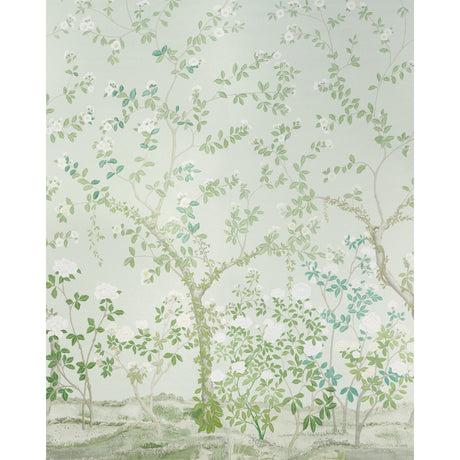 Madame de Pompadour Panel Set wallpaper in green, featuring a lush English garden Chinoiserie floral design by Miles Redd for Schumacher.