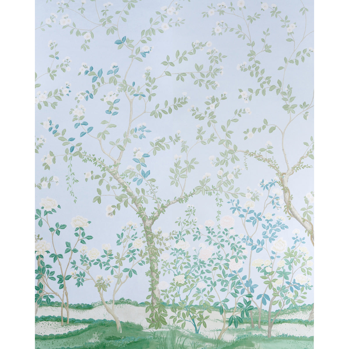 Madame de Pompadour Panel Set wallpaper in blue, featuring a Chinoiserie-inspired English garden floral design by Miles Redd for Schumacher.