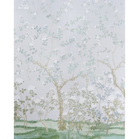 Madame de Pompadour Panel Set wallpaper by Schumacher, featuring a grey Chinoiserie floral garden design by Miles Redd.