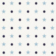 ETOILES ET POINTS wallpaper by Schumacher featuring a whimsical pattern of blue stars and navy dots on a white background.