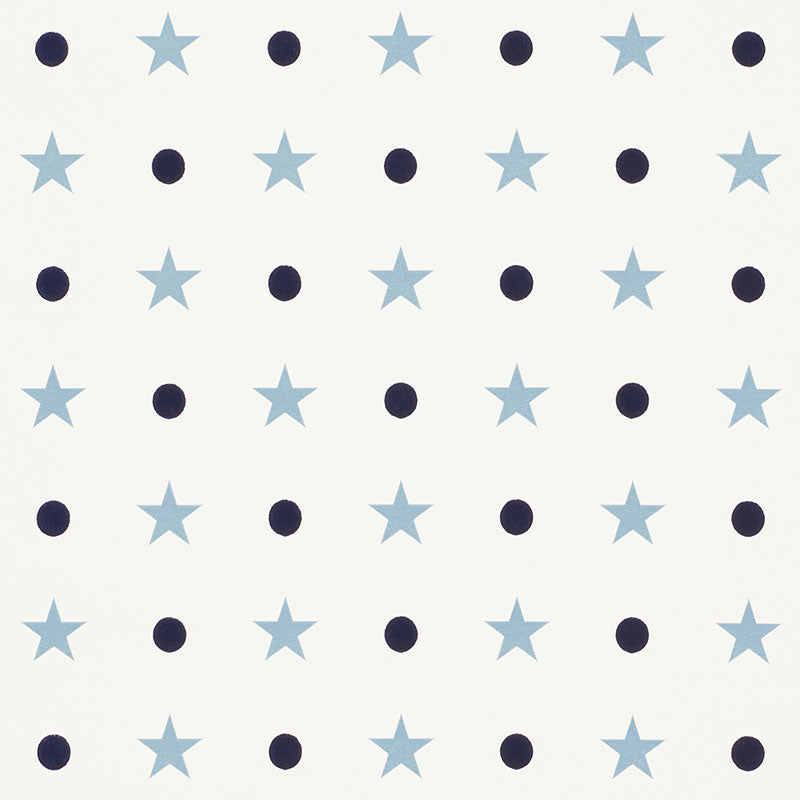 ETOILES ET POINTS wallpaper by Schumacher featuring a whimsical pattern of blue stars and navy dots on a white background.