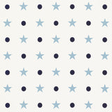 ETOILES ET POINTS wallpaper by Schumacher featuring a whimsical pattern of blue stars and navy dots on a white background.
