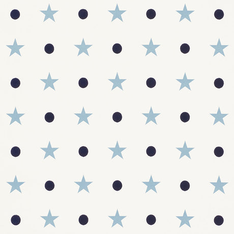 ETOILES ET POINTS wallpaper by Schumacher featuring a whimsical pattern of blue stars and navy dots on a white background.
