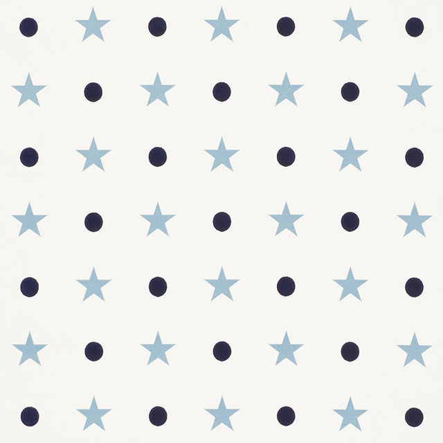 ETOILES ET POINTS wallpaper by Schumacher featuring a whimsical pattern of blue stars and navy dots on a white background.