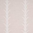 Acanthus Stripe Vinyl wallpaper in Limestone by Schumacher, featuring a stylized acanthus motif in a soft neutral colorway, shown in a bedroom setting.