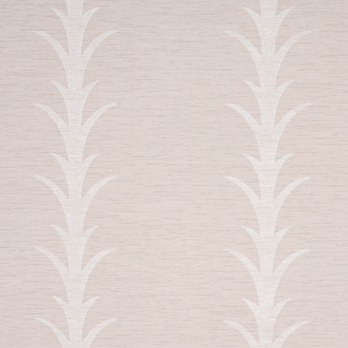 Acanthus Stripe Vinyl wallpaper in Limestone by Schumacher, featuring a stylized acanthus motif in a soft neutral colorway, shown in a bedroom setting.