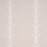 Acanthus Stripe Vinyl wallpaper in Limestone by Schumacher, featuring a stylized acanthus motif in a soft neutral colorway, shown in a bedroom setting.