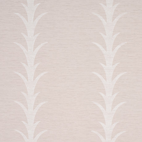 Acanthus Stripe Vinyl wallpaper in Limestone by Schumacher, featuring a stylized acanthus motif in a soft neutral colorway, shown in a bedroom setting.