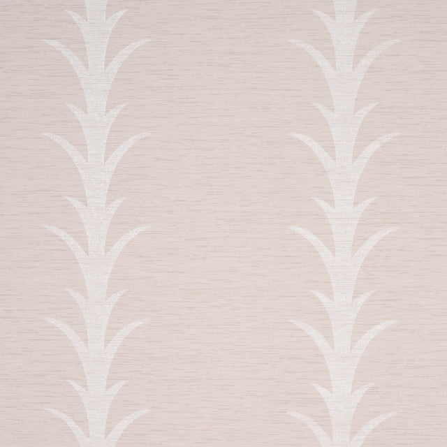 Acanthus Stripe Vinyl wallpaper in Limestone by Schumacher, featuring a stylized acanthus motif in a soft neutral colorway, shown in a bedroom setting.