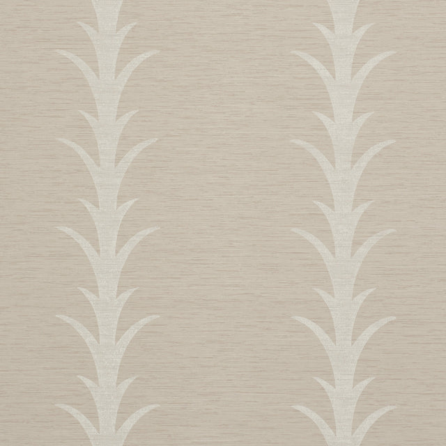 Acanthus Stripe Vinyl wallpaper in taupe by Schumacher, featuring a stylized acanthus motif stripe pattern.