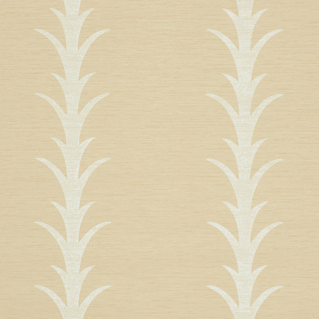 Acanthus Stripe Vinyl wallpaper in a natural colorway with a stylized acanthus motif stripe pattern, designed by Celerie Kemble for Schumacher.
