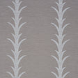 Acanthus Stripe Vinyl wallpaper in grey by Schumacher, featuring a stylized acanthus motif stripe pattern, shown in a room setting and close-up details.