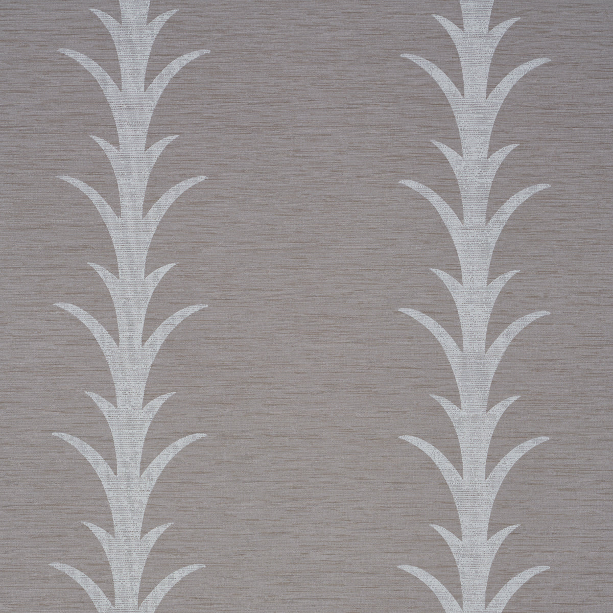 Acanthus Stripe Vinyl wallpaper in grey by Schumacher, featuring a stylized acanthus motif stripe pattern, shown in a room setting and close-up details.