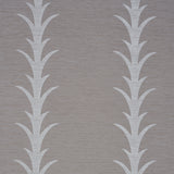 Acanthus Stripe Vinyl wallpaper in grey by Schumacher, featuring a stylized acanthus motif stripe pattern, shown in a room setting and close-up details.