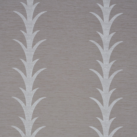 Acanthus Stripe Vinyl wallpaper in grey by Schumacher, featuring a stylized acanthus motif stripe pattern, shown in a room setting and close-up details.