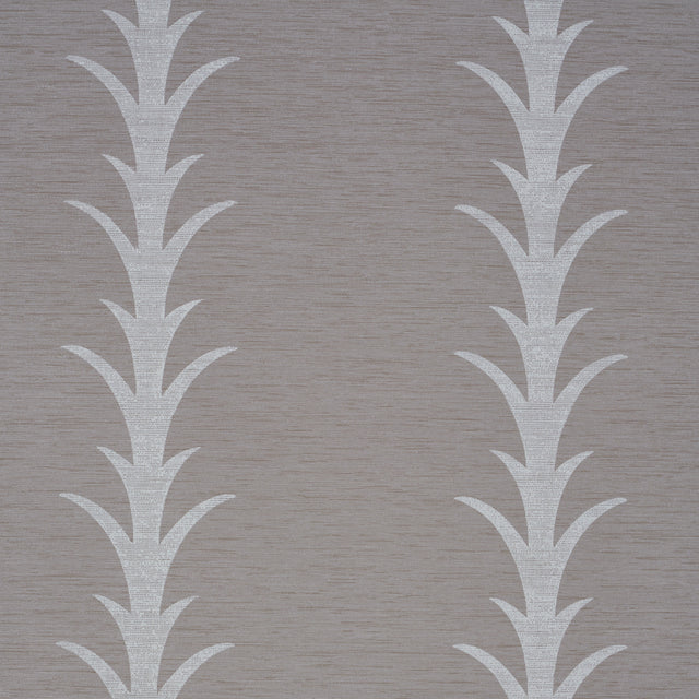 Acanthus Stripe Vinyl wallpaper in grey by Schumacher, featuring a stylized acanthus motif stripe pattern, shown in a room setting and close-up details.
