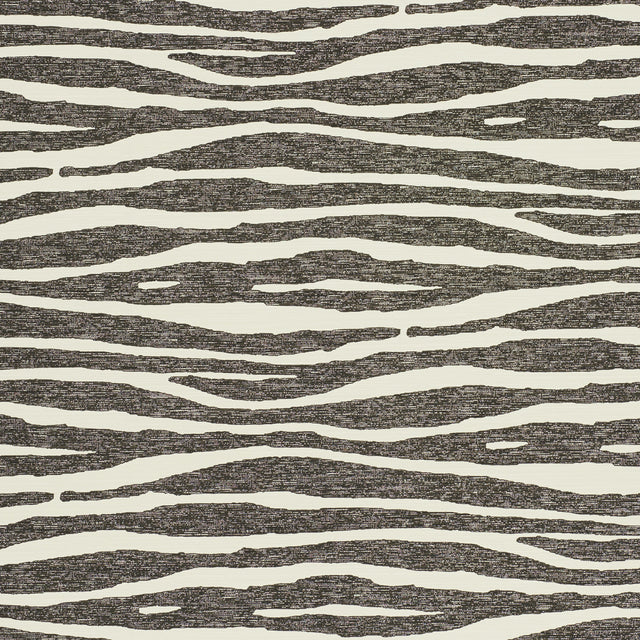Ripple Vinyl wallpaper in black and ivory with zebra stripe pattern by Schumacher, designed by Celerie Kemble.