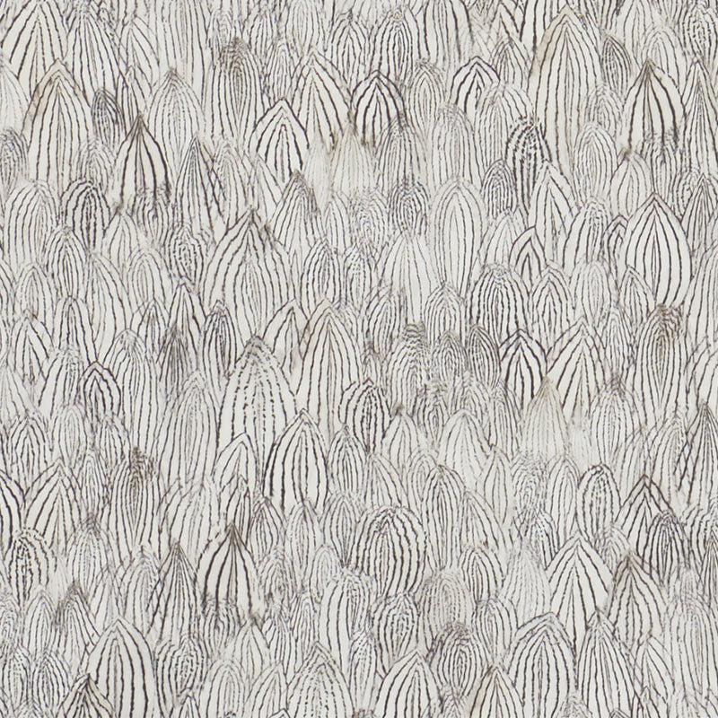 Feathers wallpaper in Zebra colorway by Schumacher, featuring a distinctive feather pattern in neutral tones.