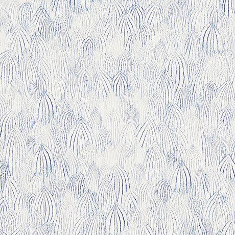 Feathers Indigo wallpaper by Schumacher, featuring a blue and white feather pattern from the Silver Lining Performance Wallcoverings collection.