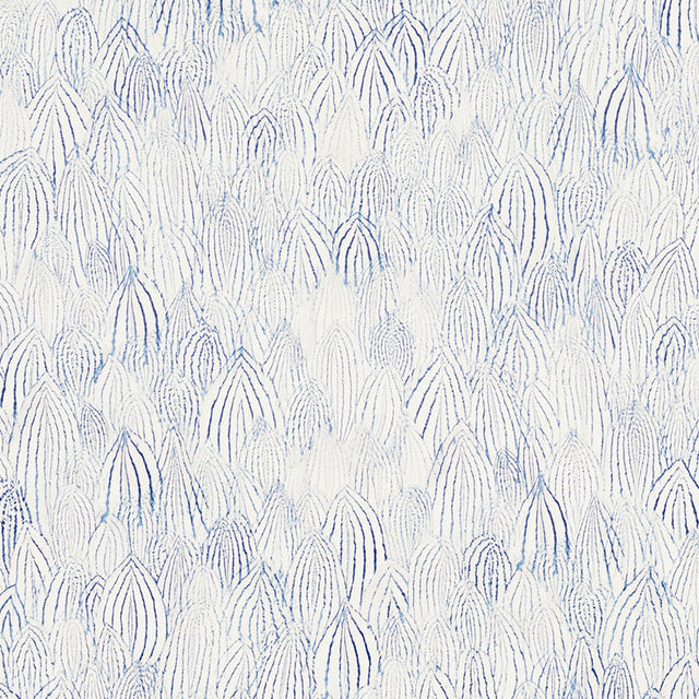 Feathers Indigo wallpaper by Schumacher, featuring a blue and white feather pattern from the Silver Lining Performance Wallcoverings collection.