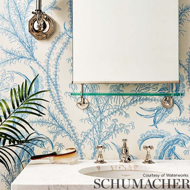 Ocean Toile Delft Blue by Schumacher Undersea Botanical Toile Wallpaper – Schumacher 5008720
