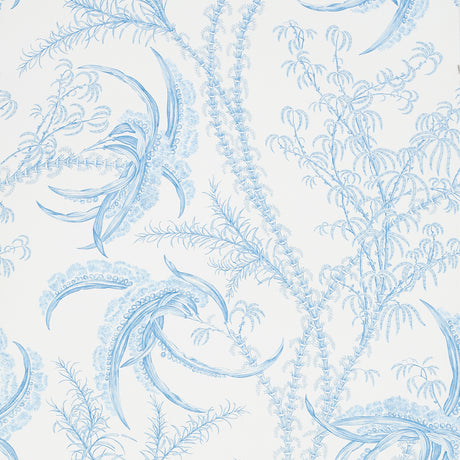 Ocean Toile Delft blue and white wallpaper with undersea botanical motifs by Schumacher, shown in styled and detail views.