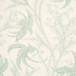 Ocean Toile wallpaper in Eucalyptus on Linen by Schumacher, featuring an undersea toile pattern in soft green on a light background.