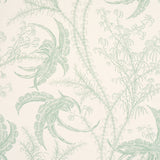 Ocean Toile wallpaper in Eucalyptus on Linen by Schumacher, featuring an undersea toile pattern in soft green on a light background.