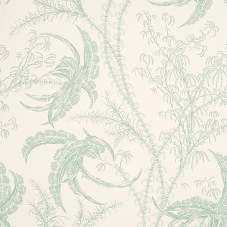 Ocean Toile wallpaper in Eucalyptus on Linen by Schumacher, featuring an undersea toile pattern in soft green on a light background.