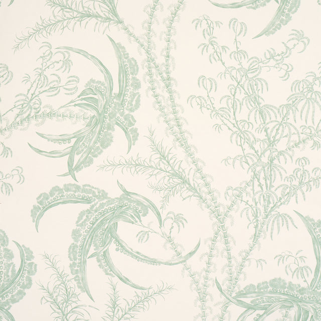 Ocean Toile wallpaper in Eucalyptus on Linen by Schumacher, featuring an undersea toile pattern in soft green on a light background.