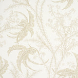Ocean Toile wallpaper in Sand by Schumacher, featuring an intricate undersea toile pattern in neutral tones, shown in a styled bathroom setting.