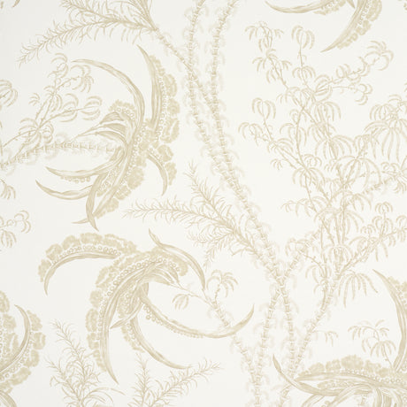 Ocean Toile wallpaper in Sand by Schumacher, featuring an intricate undersea toile pattern in neutral tones, shown in a styled bathroom setting.